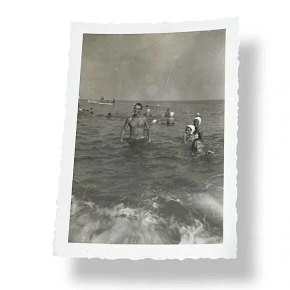 Group Swimming in Ocean Bathing Caps Canoe Vintage Found Photo EBX